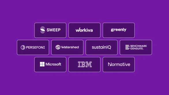 Logos of top ESG software companies to watch in 2024 including Sweep, Workiva, Greenly, and more.